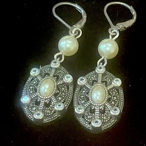 Vintage Silver Marcasite and White Pearl Pierced Earrings